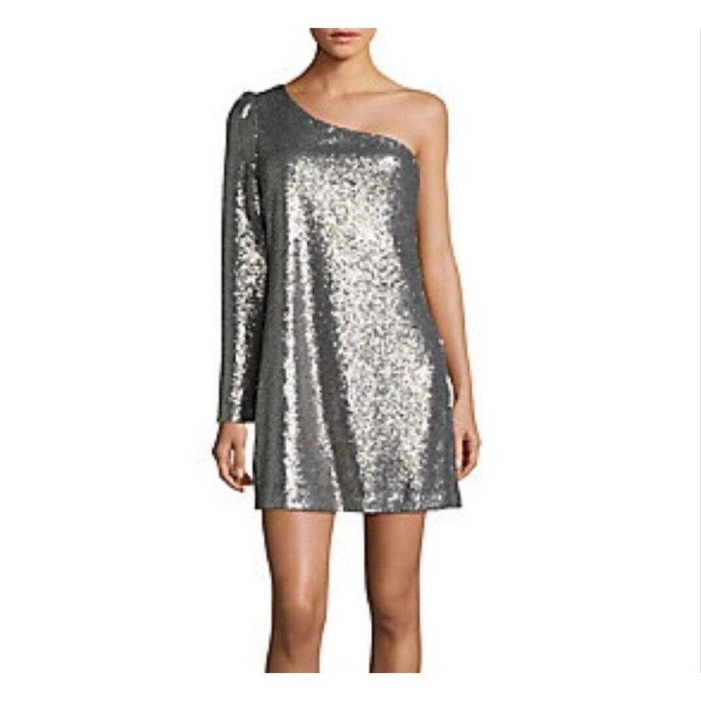 Sz XL Silver Sequined One Shoulder Long Sleeve Mini Dress Cocktail Sparkle Sexy